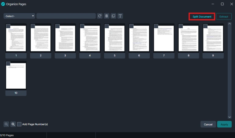 split2 | CaseGuard Screenshot of a dark UI showing 10 document pages in a row, with the 'Split Document' button highlighted in the top-right.