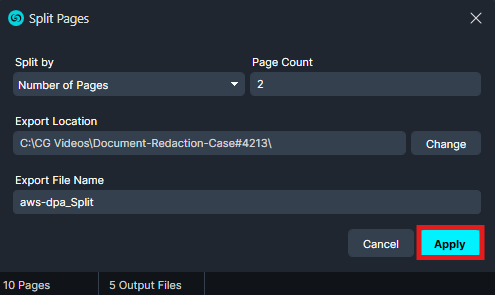 split3 | CaseGuard Split Pages dialog with Page Count set to 2 and export path and filename shown, Cancel and Apply buttons available.