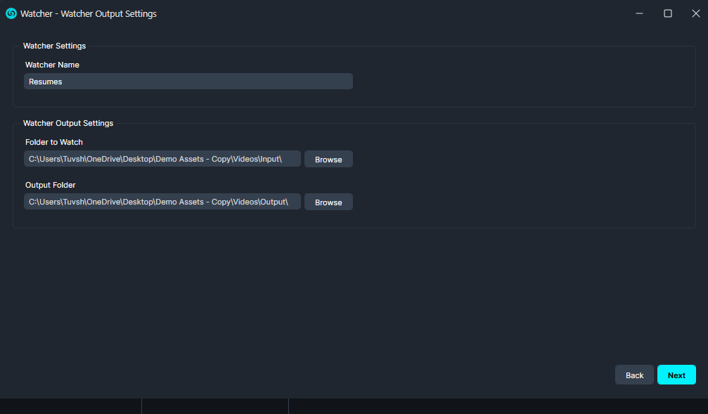 watcher-resumes | CaseGuard Settings screen: Watcher named 'Resumes' with Folder to Watch and Output Folder fields and Browse buttons.