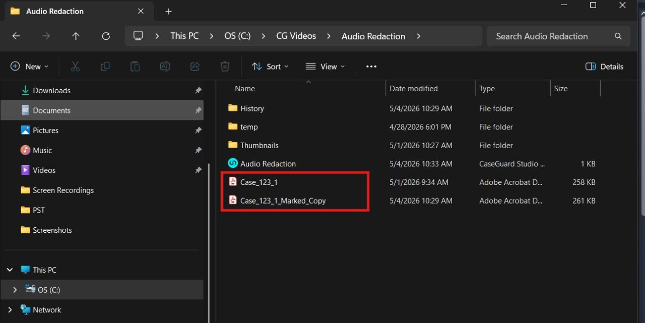 Marked-File | CaseGuard Windows Explorer shows two PDF files named Case_123_1 and Case_123_1_Marked_Copy in the Audio Redaction folder.