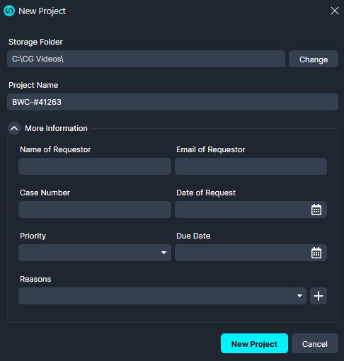 New Project dialog with fields for storage folder, project name, requester info, case number, dates, priority, reasons, and a New Project button