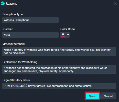 Witness Exemption form dialog with fields for Type, Number, Color, Withheld identity, explanation, legal basis, and a highlighted Save button.