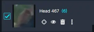 Selected avatar thumbnail labeled 'Head 467' with item count (6) and action icons for settings, view, delete, and more.