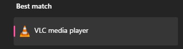 Best match result: VLC media player option with orange cone icon in a launcher menu