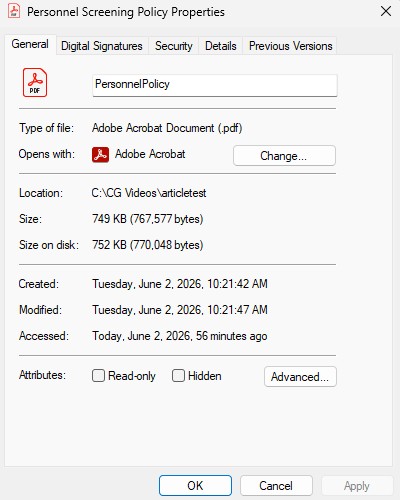 Screenshot of Windows Properties dialog for the file PersonnelPolicy.pdf. It shows Type: Adobe Acrobat Document (.pdf), Opens with: Adobe Acrobat, Location: a Windows path, Size: 749 KB, Size on disk: 752 KB, Created/Modified times on June 2, 2026, Accessed recently, Attributes: Read-only and Hidden unchecked.