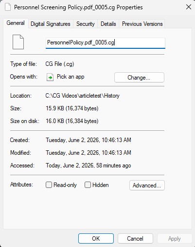 Screenshot of a Windows file properties dialog for PersonnelPolicy.pdf_0005.cgl, showing location, size, and dates (created/modified).
