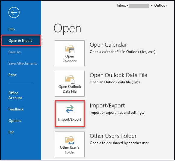 Outlook-settings | CaseGuard Outlook Open & Export screen with Import/Export option highlighted in red border