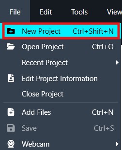 Context menu with New Project highlighted and shortcut Ctrl+Shift+N