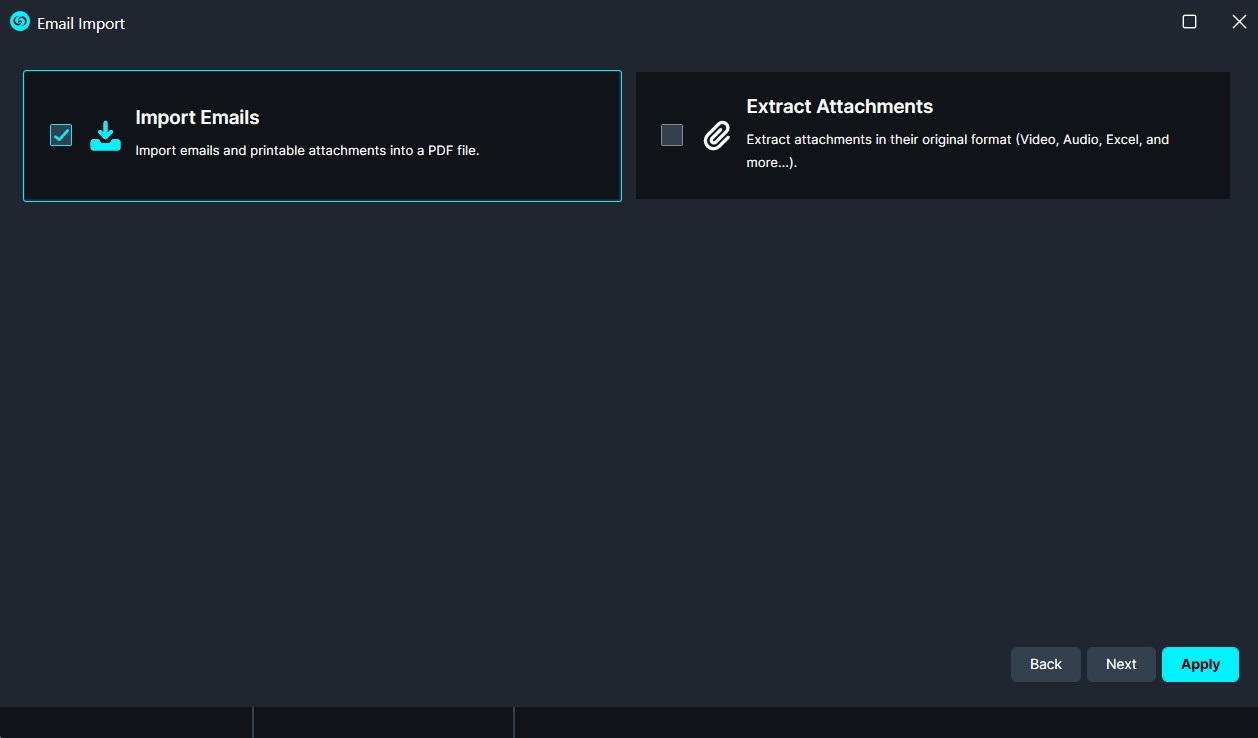 pst-options | CaseGuard Email Import screen with Import Emails selected and Extract Attachments not selected.