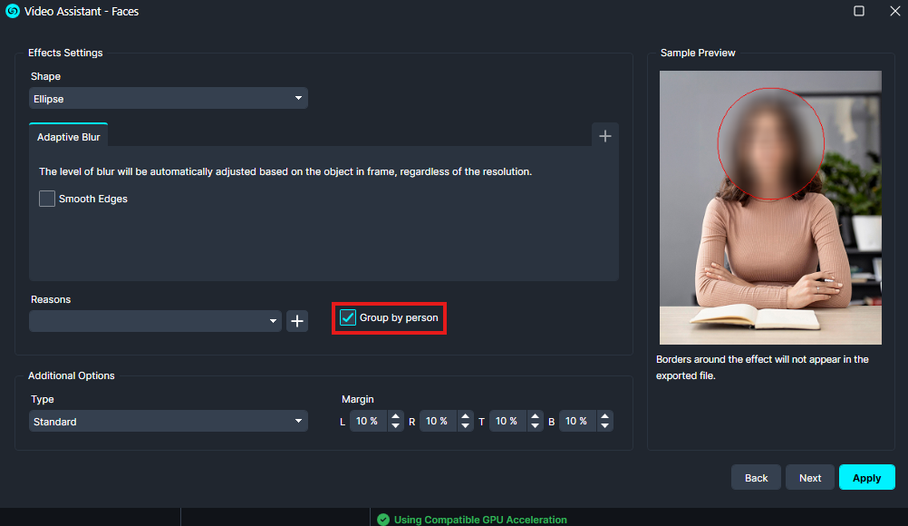 group-by-person | CaseGuard Screenshot of video editing UI showing a face-blur tool with Shape set to Ellipse and 'Group by person' checked.