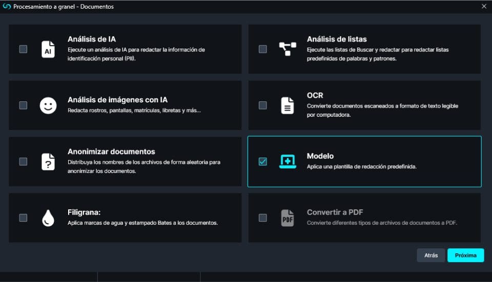 procesamiento-a-granel-documento | CaseGuard Bulk Redaction document template option in Spanish