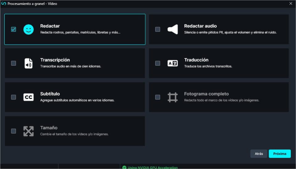 Bulk redaction selection panel in Spanish