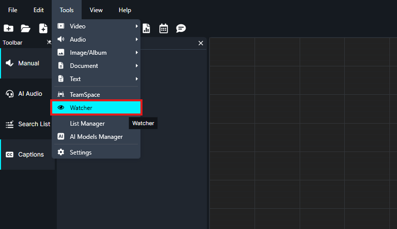 Tools menu open in a dark UI; 'Watcher' is highlighted to indicate selection (blue highlight with red border).