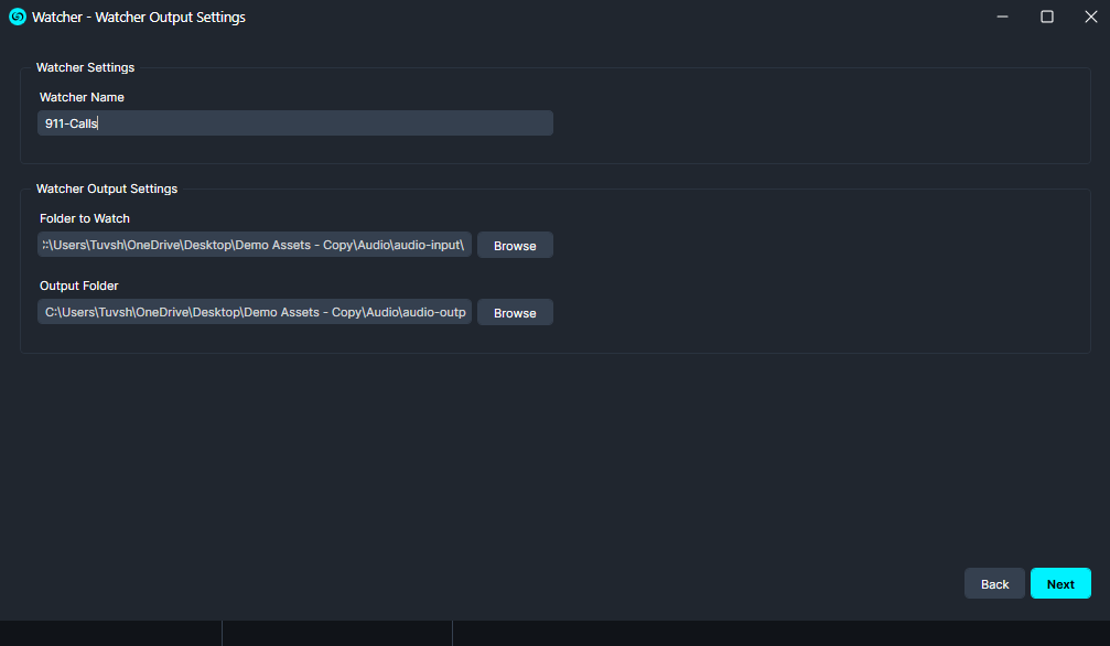 Watcher Settings window: name set to 911-Calls; folders to watch and output with Browse buttons; Back/Next at bottom.