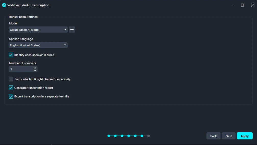 Transcription settings dialog: Cloud AI model, English (US), identify 2 speakers, generate report, export to text file, with Back/Next/Apply controls.