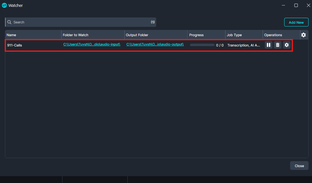 Watcher app: single job row '911-Calls' highlighted, showing input/output folders and action icons in a dark UI.