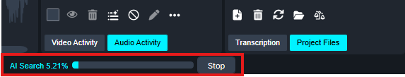 AI-Search-status-bar | CaseGuard Progress bar labeled 'AI Search 5.21%' with a Stop button beside it in a dark app interface.