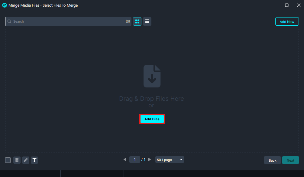 Merge Media Files window with a large drag-and-drop area and an highlighted Add Files button.