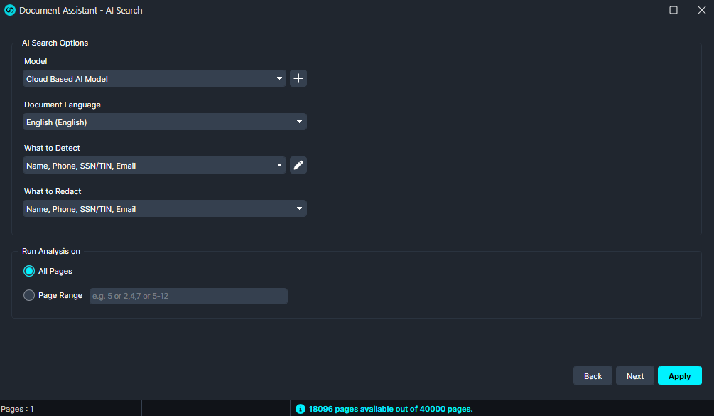 Screenshot of Document Assistant AI Search settings panel: Cloud Based AI Model, English language, detect/redact fields (Name, Phone, SSN/TIN, Email), All Pages selected, Apply button visible, with Back/Next controls and status bar showing pages.