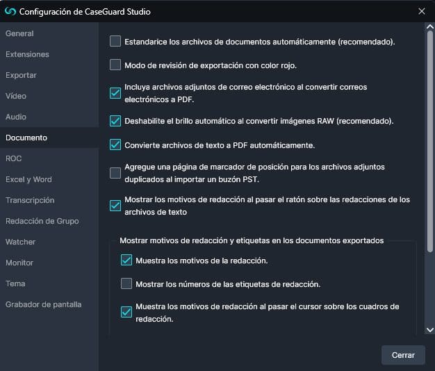 configuracion-documento | CaseGuard Document Settings Window in Spanish