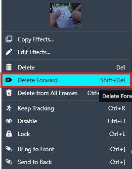 delete-forward | CaseGuard Screenshot of a software context menu with several options; 'Delete Forward' is highlighted/selected (Shift+Del).