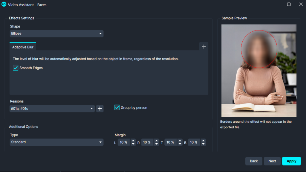 objects-faces | CaseGuard Screenshot of Video Assistant - Faces settings panel with Ellipse shape and Adaptive Blur option; sample preview shows a blurred person with a red outline on the face area.