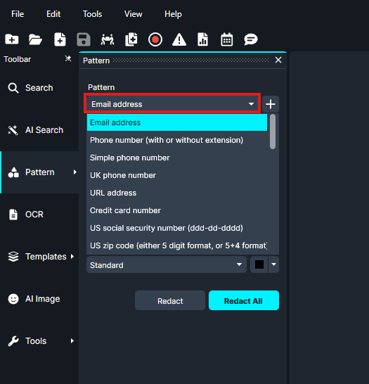 UI panel labeled Pattern with a drop-down showing Email address selected; list includes phone, URL, SSN and other data types in a dark theme tool