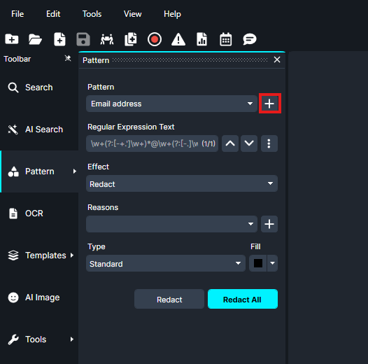 Pattern editor panel in a dark UI showing an Email address rule with a highlighted Add (+) button, ready to add a pattern