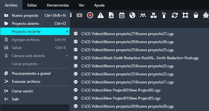 Recent projects dropdown in Spanish