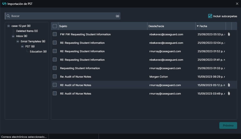 PST files in CaseGuard in Spanish