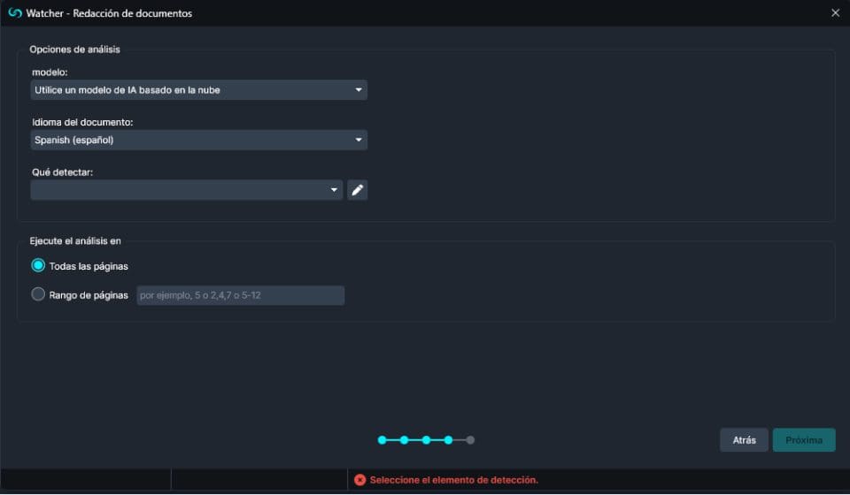 redaccion-documento | CaseGuard AI Analysis Watcher redaction settings in Spanish