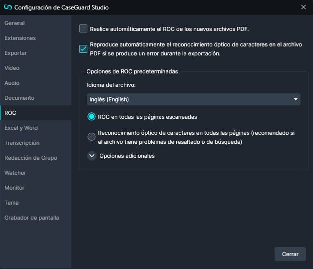 OCR Settings in Spanish