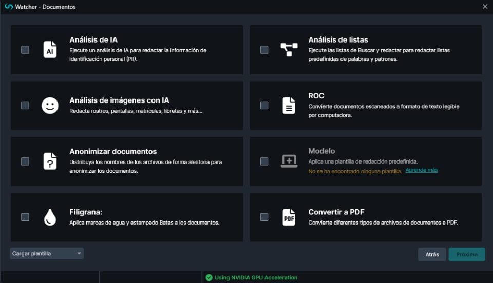 Watcher Document Options Panel in Spanish