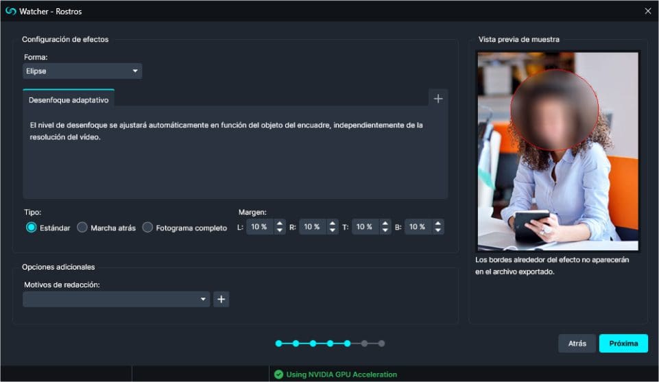 Watcher Face redaction settings in Spanish
