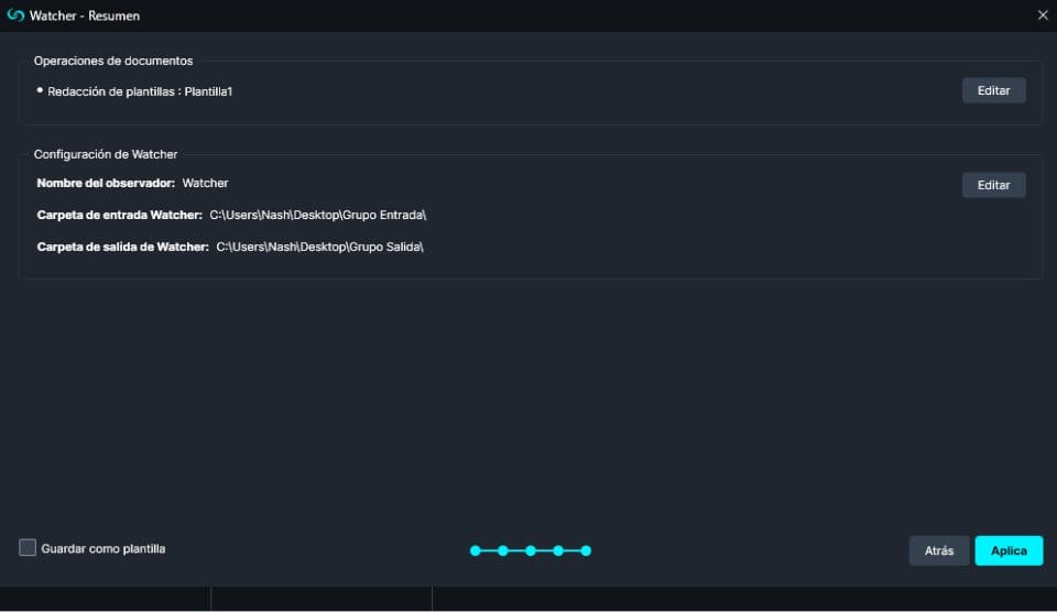 Watcher Template redaction summary in Spanish
