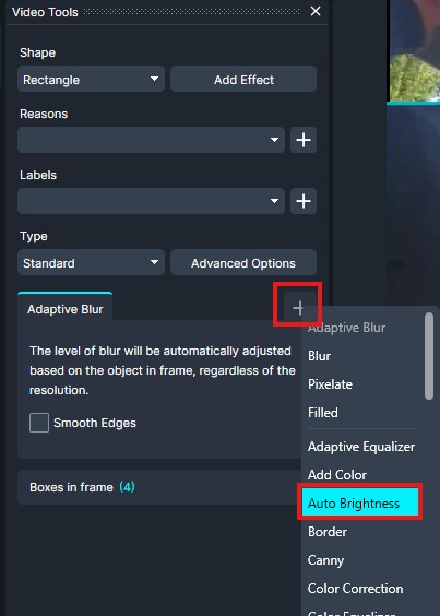Auto-brightness | CaseGuard Video tools panel showing Adaptive Blur tab, an add button, and a dropdown list with Auto Brightness highlighted in blue.