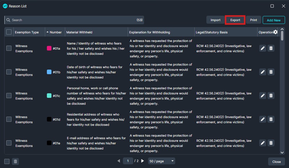 reason-export | CaseGuard Reason List window showing a table of witness exemptions with columns for type, number, material withheld, explanation, legal basis, and actions; Export button is highlighted.