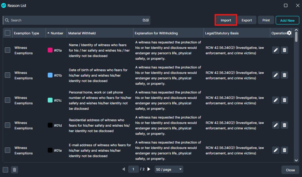 reason-import | CaseGuard UI screen of a Reason List editor showing rows of witness exemptions with columns for type, number, withheld material, explanations, and legal basis; top action buttons include Import, Export, Print, and Add New.