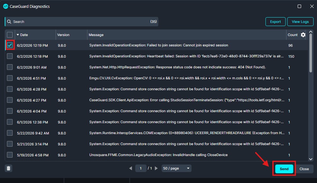 CaseGuard Diagnostics log viewer with one selected row and a highlighted Send button at bottom-right.