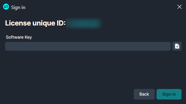 License_ID | CaseGuard Sign-in dialog titled 'License unique ID:' with a long 'Software Key' input field, and Back and Sign in buttons at the bottom.