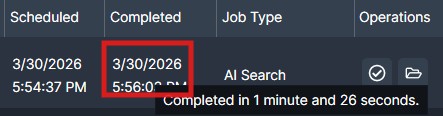 completed-tasks | CaseGuard Row in a jobs table: AI Search with scheduled 3/30/2026 5:54:37 PM and completed 3/30/2026 5:56:01 PM; tooltip shows 1 minute 26 seconds; Operations column with action icons.