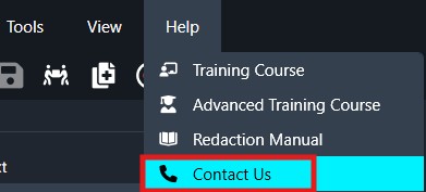 Help menu open; options include Training Course, Advanced Training Course, Redaction Manual, with Contact Us highlighted.