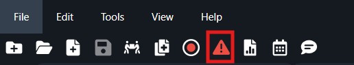 Dark software toolbar with File, Edit, Tools, View, Help menus; a red-highlighted warning/alert icon is visible in the center-right.