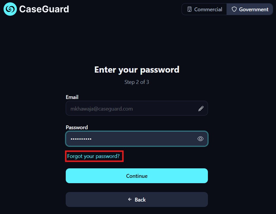 forgot-password | CaseGuard CaseGuard login screen showing email and password fields, a 'Forgot your password?' link, and a blue Continue button.