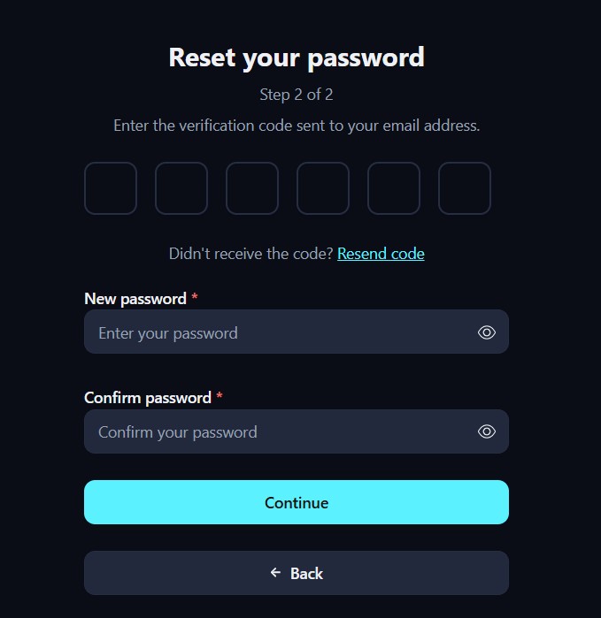 password | CaseGuard Reset password: enter six‑digit verification code, then set a new password and confirm it; Continue or Back.