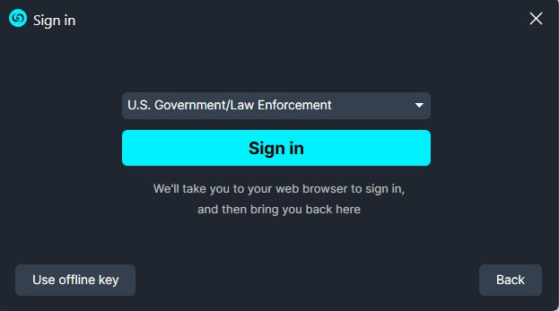 sign-in | CaseGuard Sign-in modal with role dropdown showing 'U.S. Government/Law Enforcement' and a cyan Sign in button; helper text and bottom buttons: 'Use offline key' and 'Back'.