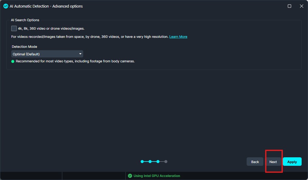 AI Detection settings dialog showing search options, detection mode, and a highlighted Next button