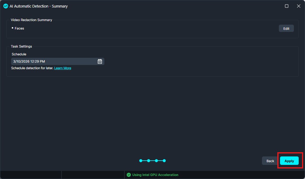 AI Automatic Detection Summary: shows faces to redact, schedule settings, and an Apply button highlighted for confirmation.