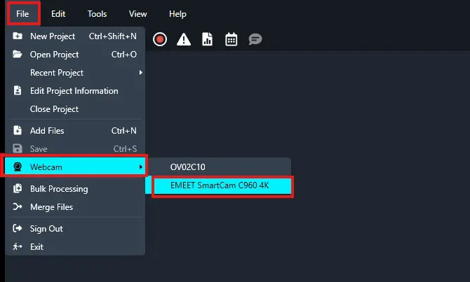 Dark-themed app with File menu open; Webcam submenu shows EMEET SmartCam C960 4K selected.