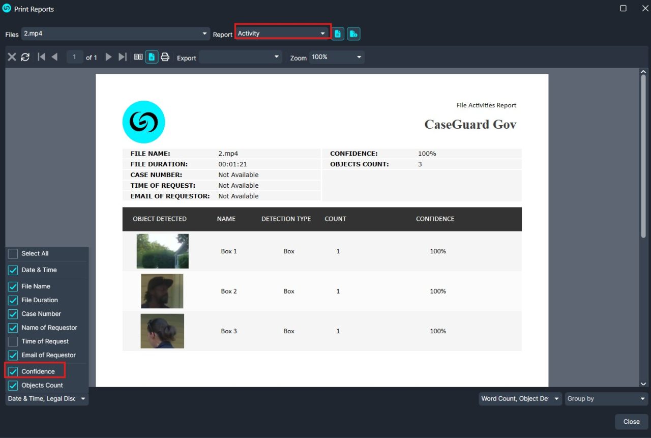 confidence | CaseGuard UI screenshot of a File Activities Report showing three detected objects named Box 1–Box 3 with 100% confidence for CaseGuard Gov branding, plus left filter panel.